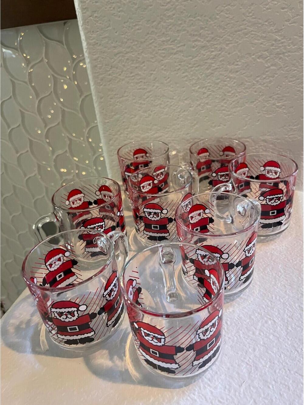 Set Of 8 Vintage Luminarc Glass Santa Claus Christmas Mugs 10oz Clear